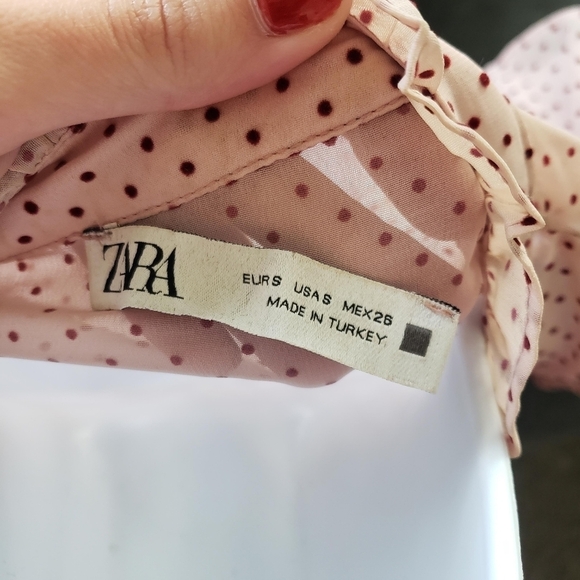 Zara Women's Small Sheer Light Pink Long Sleeve Blouse Red Velvet Polka Dots Top - Picture 6 of 9